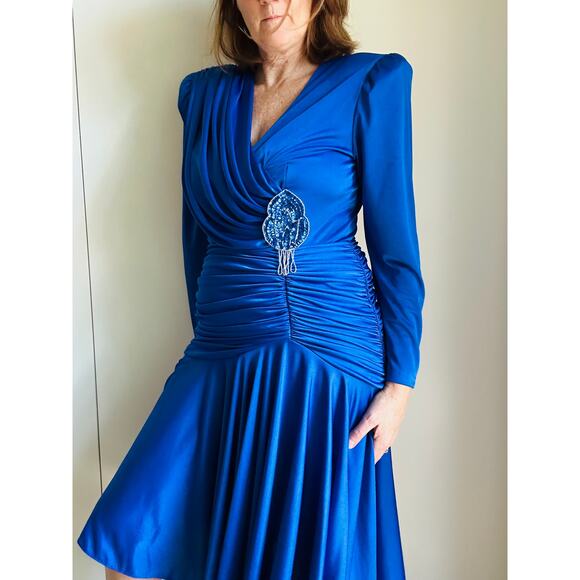 Vintage 80s Dynasty Cobalt Blue Dress Size 10 Draped Midi Length Sexy Party - Picture 6 of 12